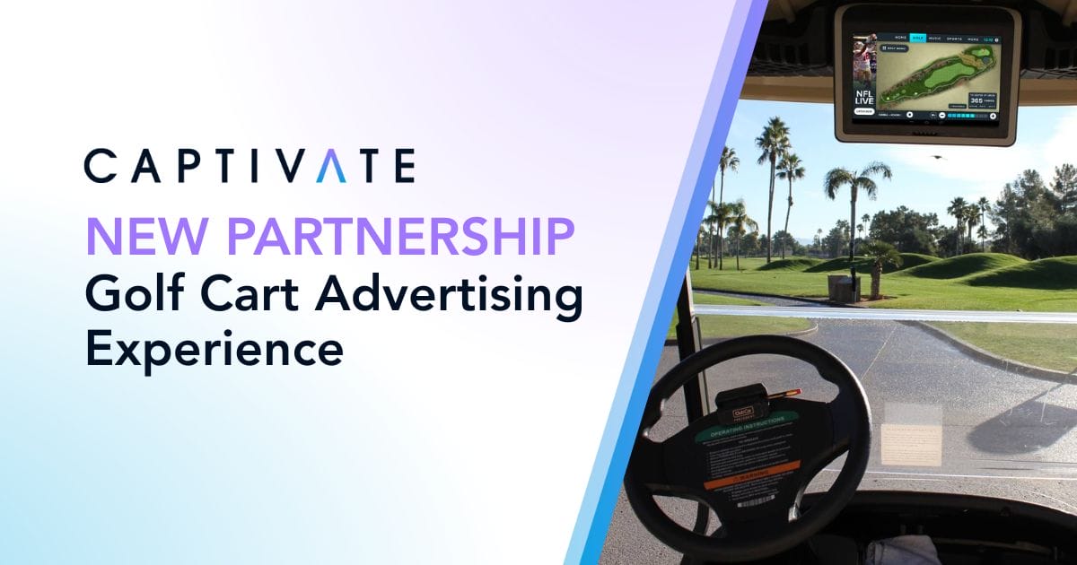 Golf course view through a golf cart windshield with a display screen, promoting a new advertising partnership.