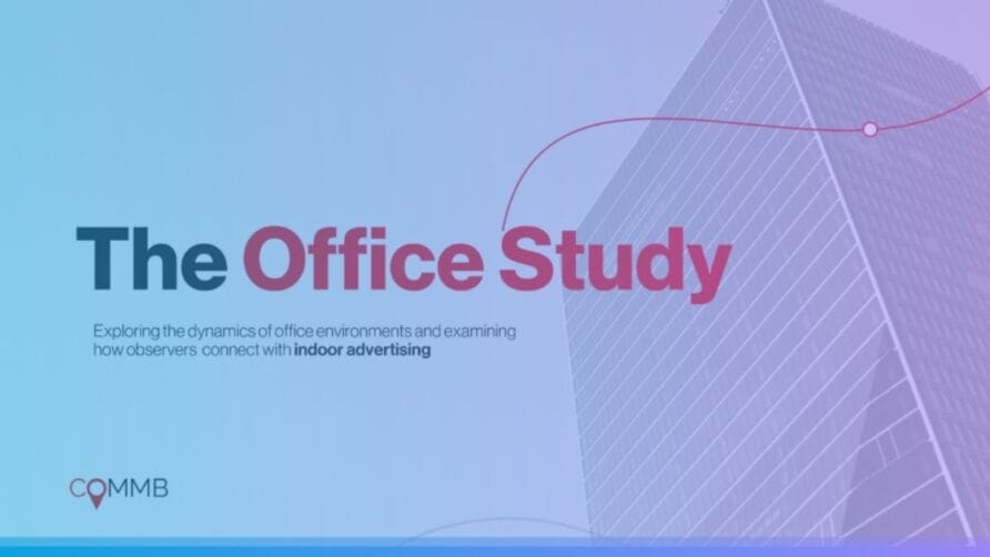 The Office Study cover featuring a skyscraper and text about office environments and indoor advertising.