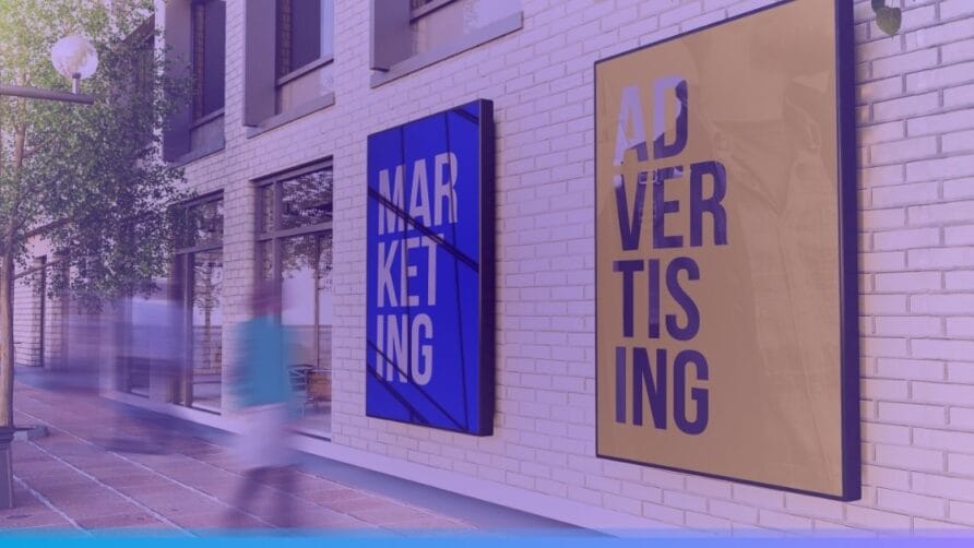 Outdoor signs on a building display the words "Marketing" and "Advertising" in a blurred urban street setting.