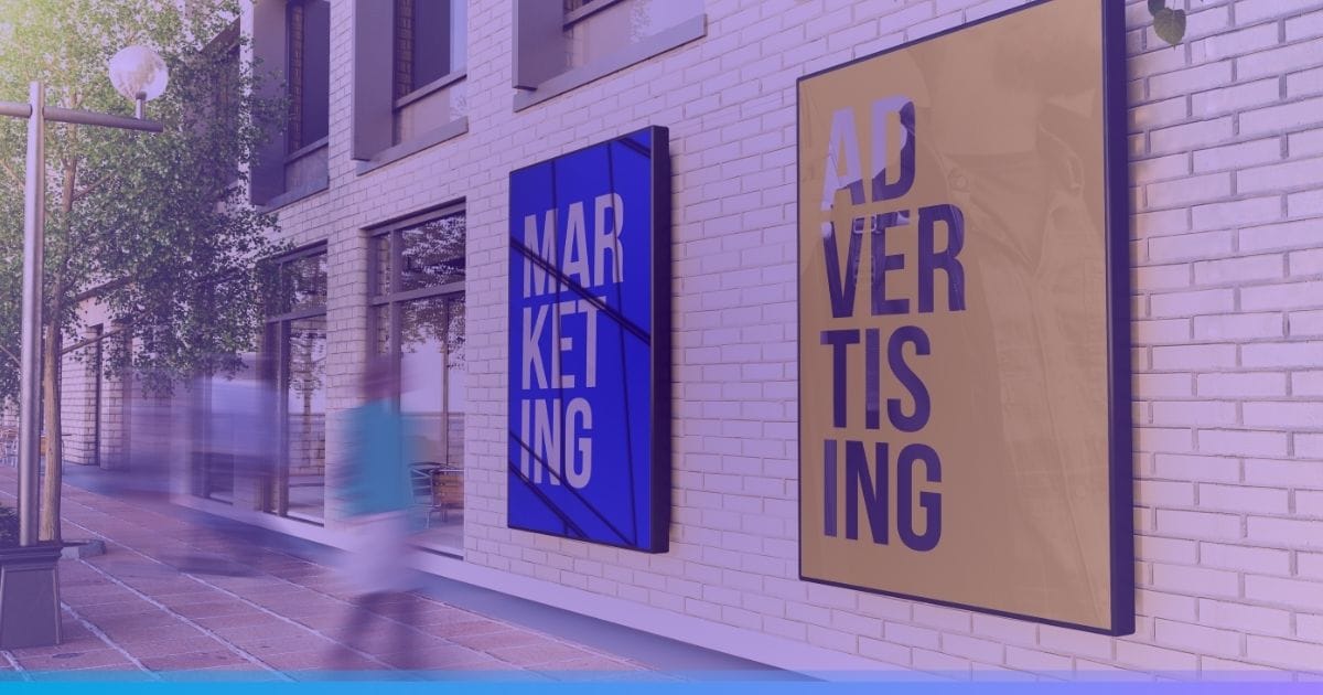 Outdoor signs on a building display the words "Marketing" and "Advertising" in a blurred urban street setting.