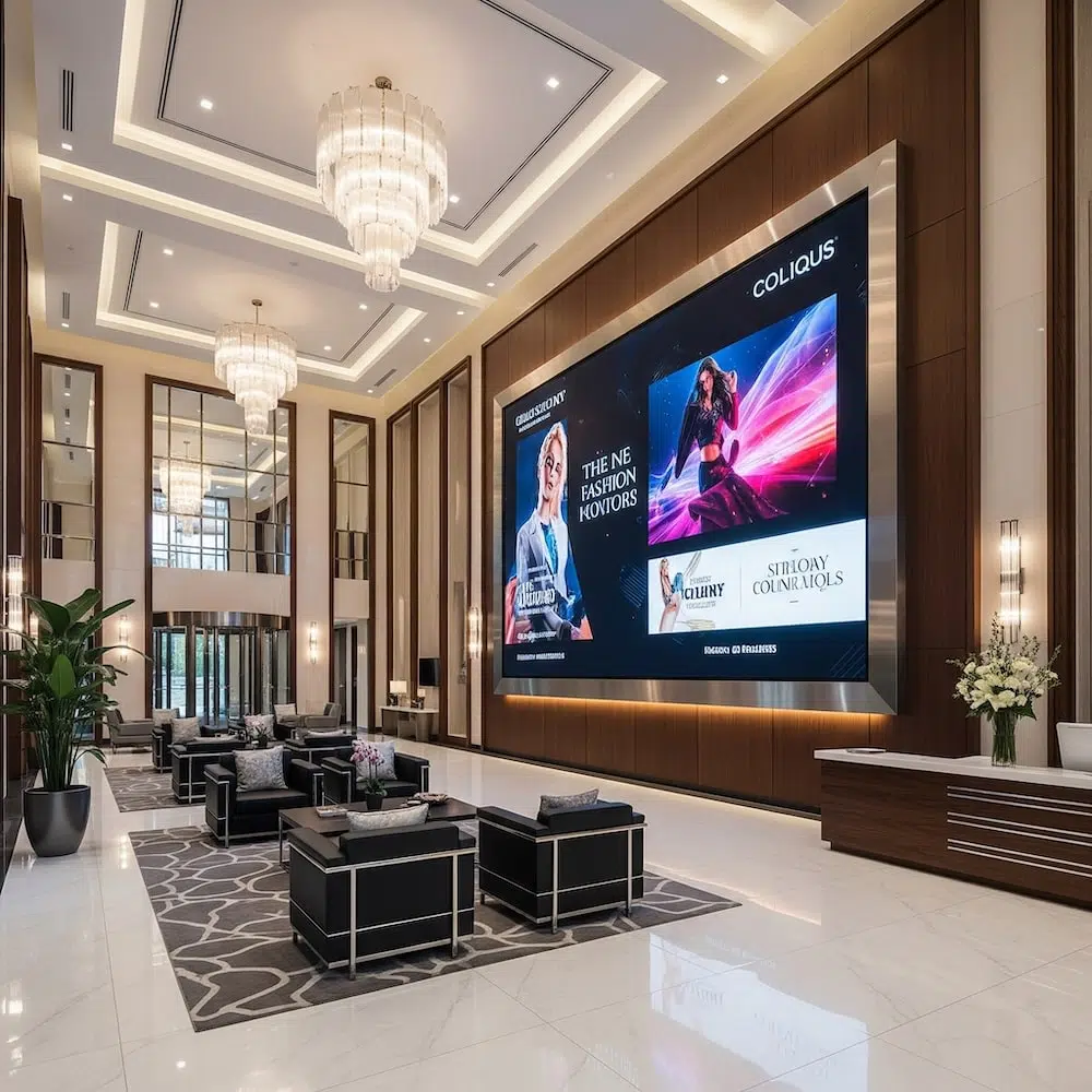luxury apartment building with real estate digital signage displaying