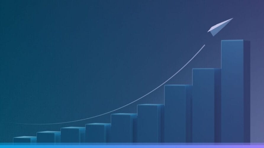 Bar graph with upward trend and paper airplane flying over, symbolizing growth and progress.