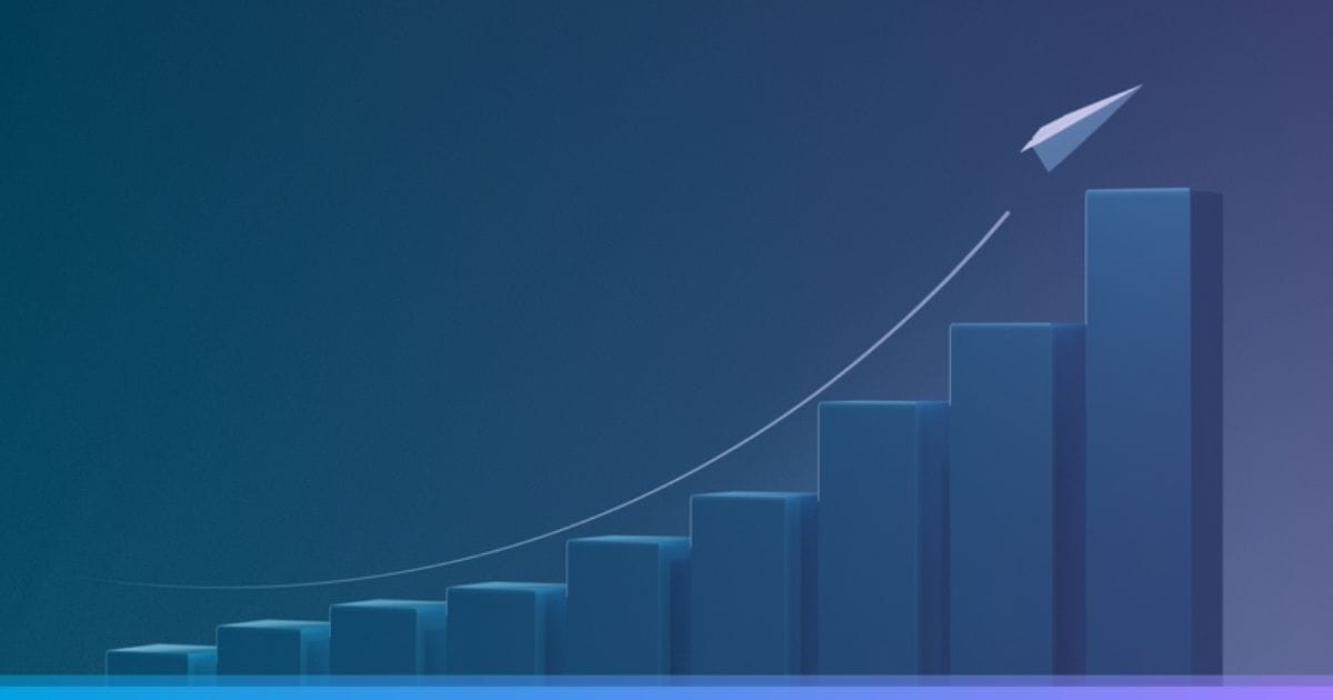 Bar graph with upward trend and paper airplane flying over, symbolizing growth and progress.