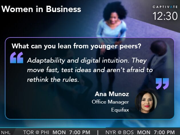 Women in Business slideshow with a quote from Ana Munoz on adaptability and digital intuition.