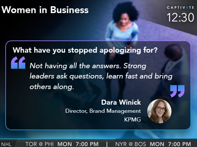 Women in Business event slide with quote by Dara Winick: "What have you stopped apologizing for?" and time details below.