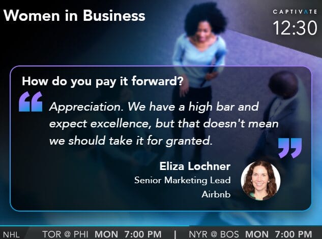 Slide titled "Women in Business" with a quote about appreciation by Eliza Lochner, Senior Marketing Lead at Airbnb.