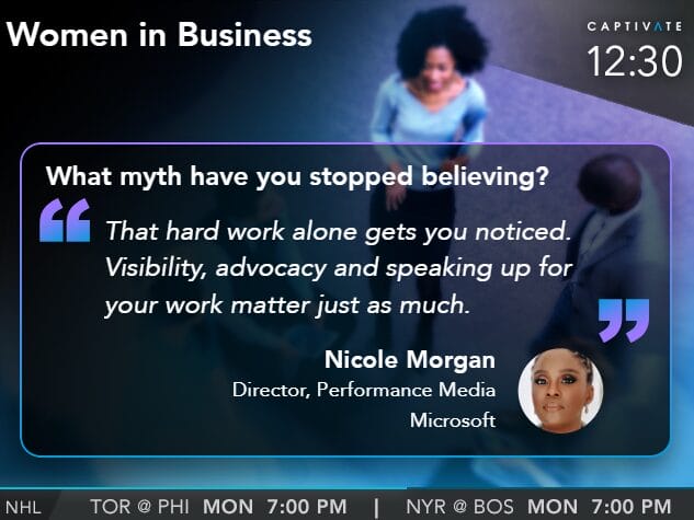 Women in Business event slide with quote about the myth of hard work alone getting noticed, featuring Nicole Morgan.