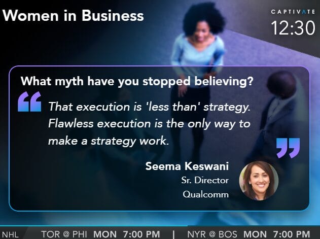 Women in Business quote about execution and strategy by Seema Keswani, Sr. Director at Qualcomm, event details at top.
