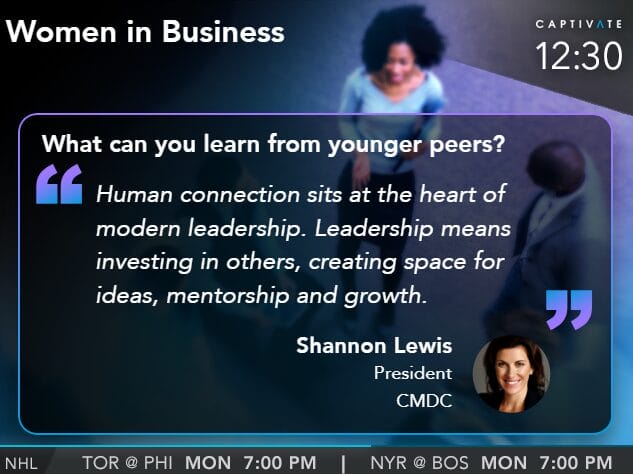 Slide titled "Women in Business" with a quote about leadership by Shannon Lewis, CMDC President.