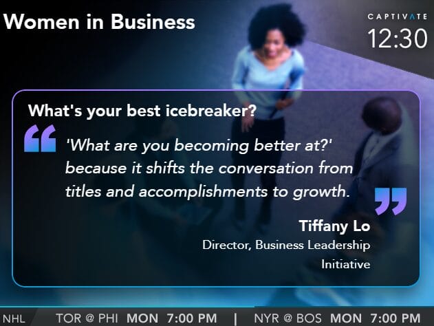 Quote on icebreakers from Tiffany Lo during Women in Business event. Shifts conversation from titles to personal growth.