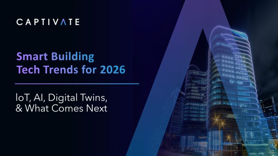 Smart building tech trends for 2026 cover with skyscraper image and topics IoT, AI, and digital twins highlighted