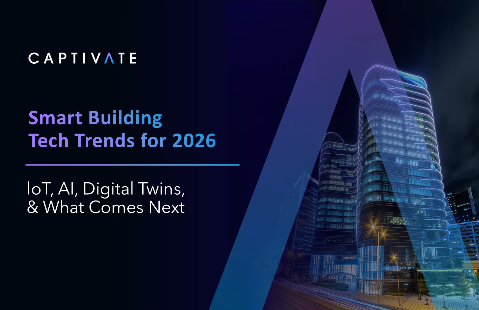 Smart building tech trends for 2026 cover with skyscraper image and topics IoT, AI, and digital twins highlighted