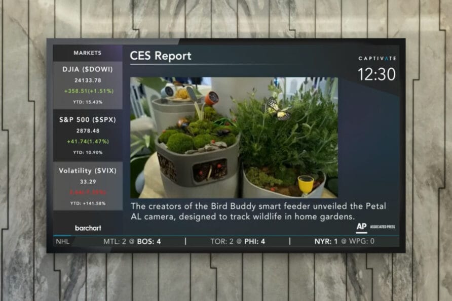 TV screen displaying a CES report about smart planters with small plants and text overlay detailing their features.