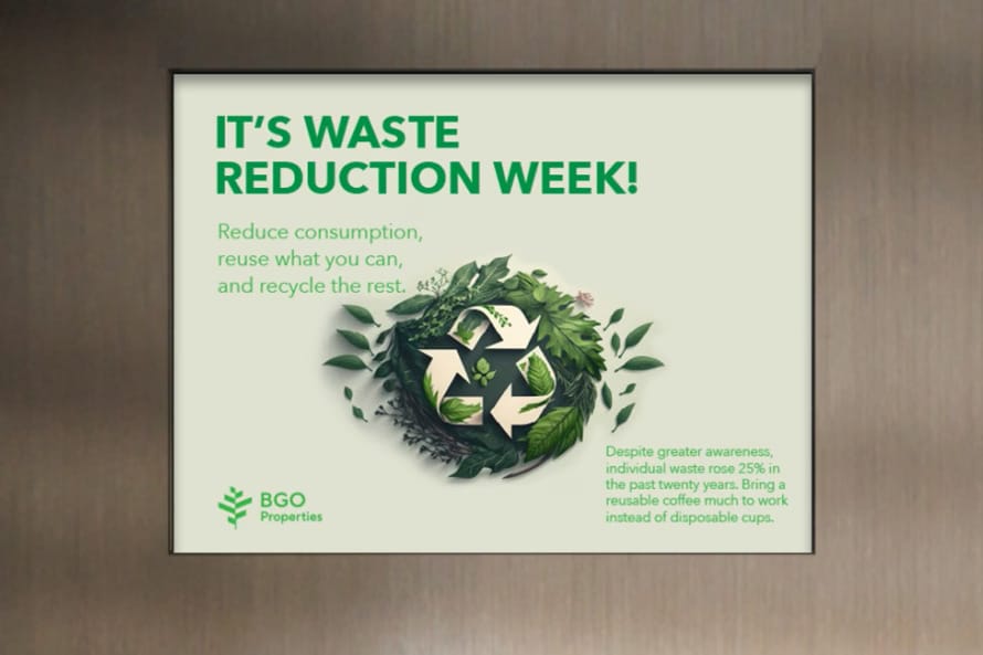 Poster promoting Waste Reduction Week with a recycling symbol surrounded by greenery, encouraging reducing and recycling.