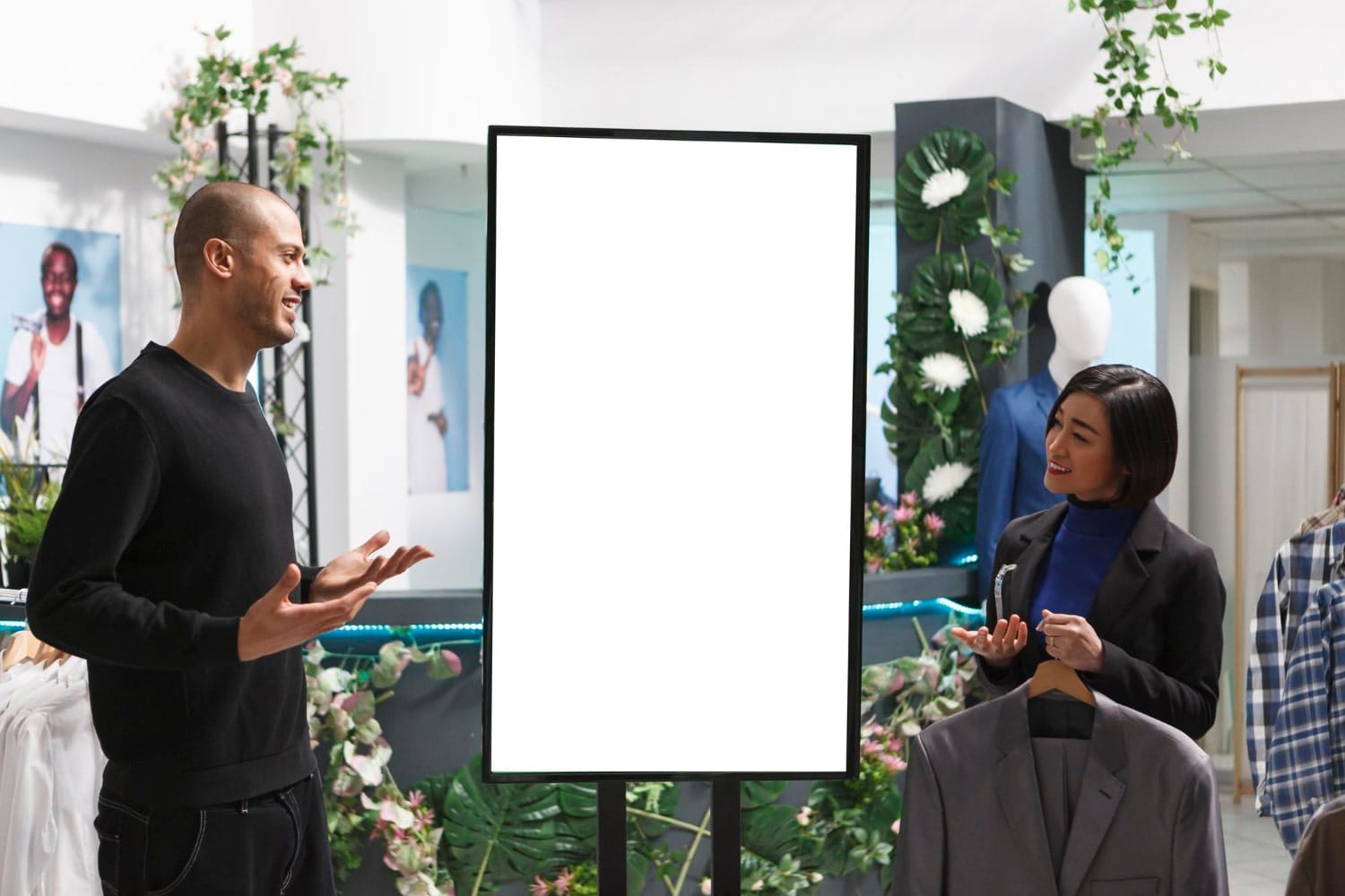 Two people in a clothing store conversing near a blank vertical display board, surrounded by plants and clothing items.
