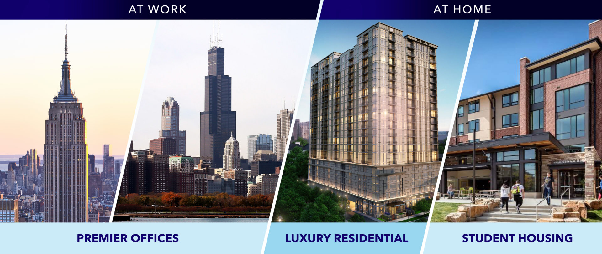 Chicago skyline with Willis Tower and luxury residential building, highlighting urban architecture and real estate development.