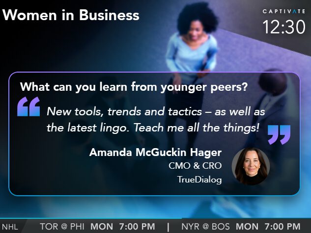Event poster displaying a speaker and details about a women in business webinar with a focus on learning from younger peers.