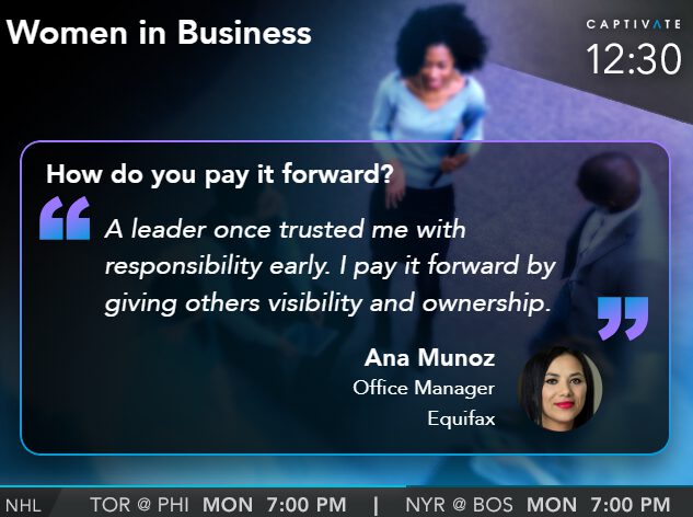 Woman speaking at a business event with text about paying it forward and giving others visibility and ownership.