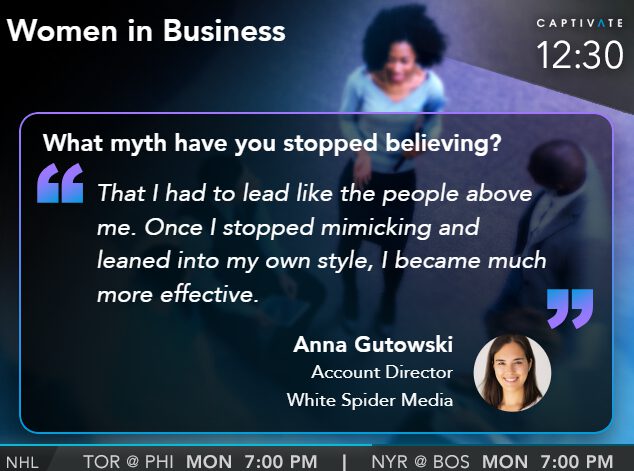 Television screenshot of a woman discussing breaking leadership myths with her name and title displayed on the screen.