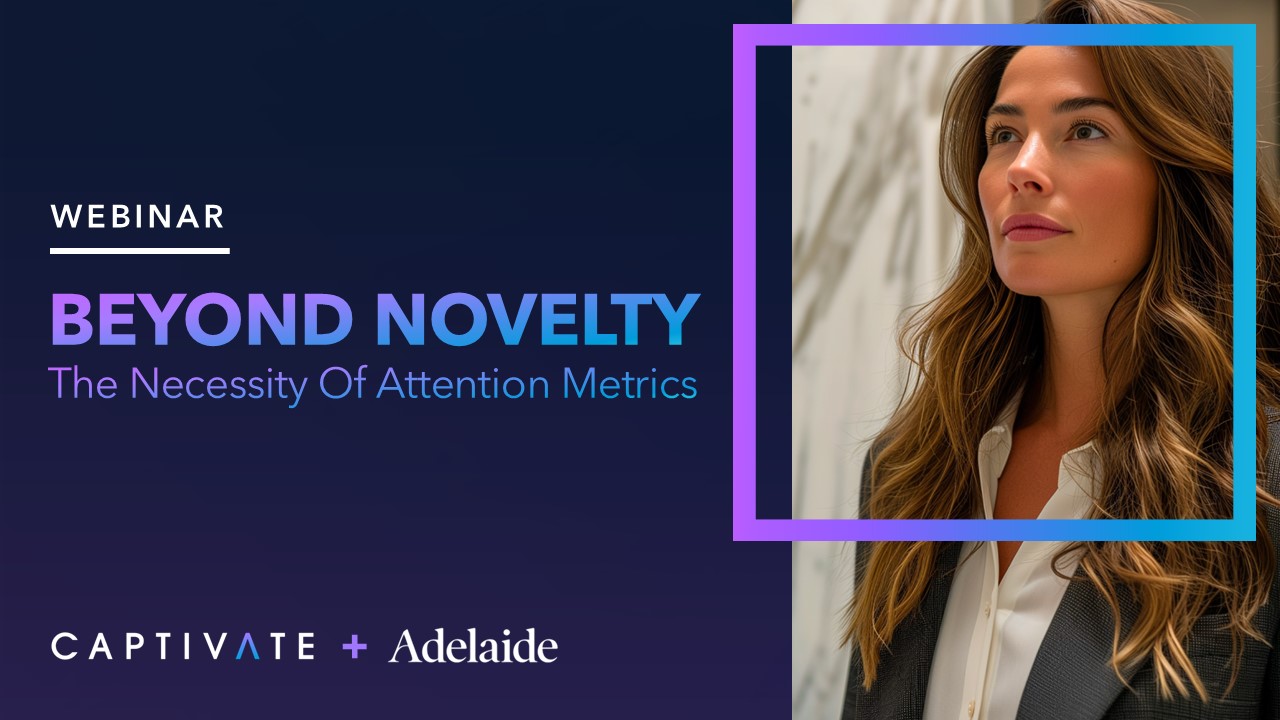 Webinar banner for "Beyond Novelty: The Necessity of Attention Metrics" featuring a confident woman in a professional setting.