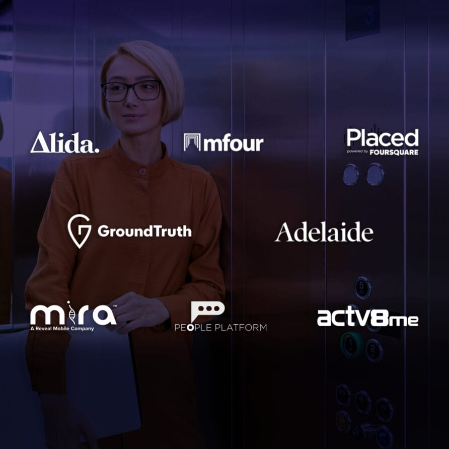 Person standing with logos of companies like Alida, Placed, GroundTruth, and Adelaide in the background.