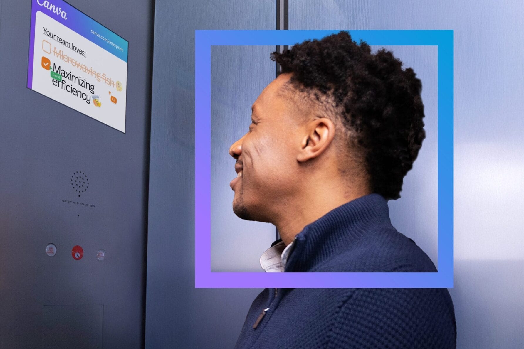 Man standing in front of a screen with a digital facial recognition frame overlay.