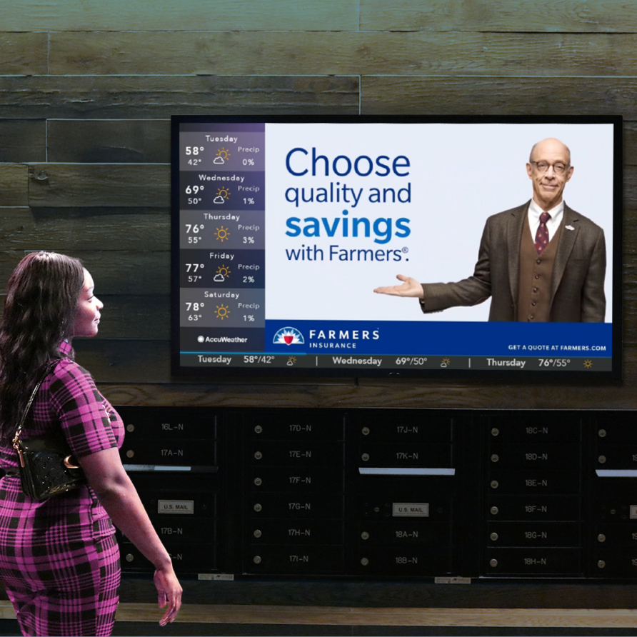 Woman watching a weather forecast on a TV screen with an advertisement for savings and quality.