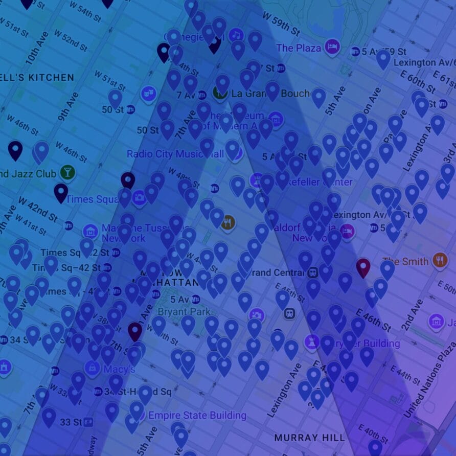 Map displaying numerous data points and locations clustered in a city area with a blue and purple gradient overlay.