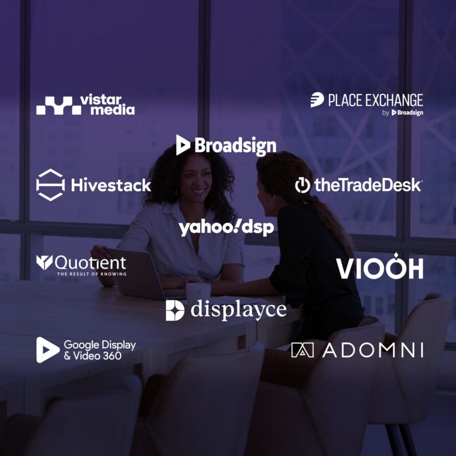 Logos of various advertising and media companies on a dark background.
