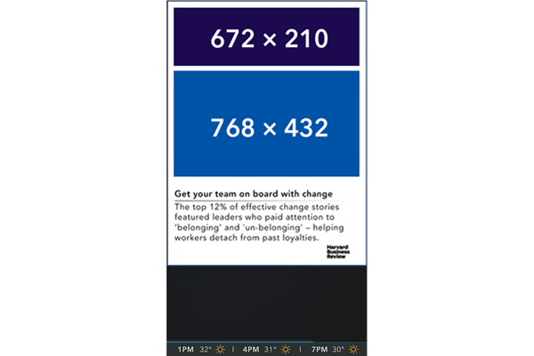 Social media post template with dimensions 672x210 and 768x432, featuring text about effective change stories.