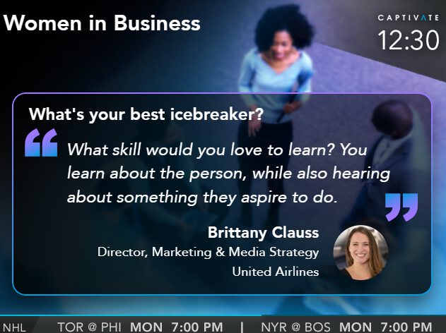 Image of a slide titled "Women in Business" with a question about icebreakers and a featured profile of Brittany Clauss.