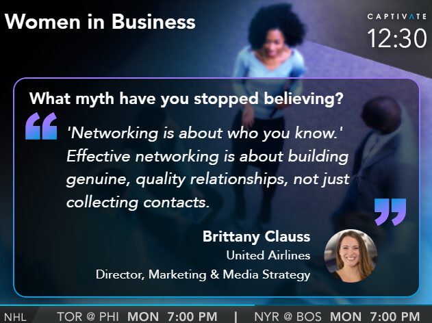 Woman speaking at a business event with a quote about networking and its importance in building genuine relationships.