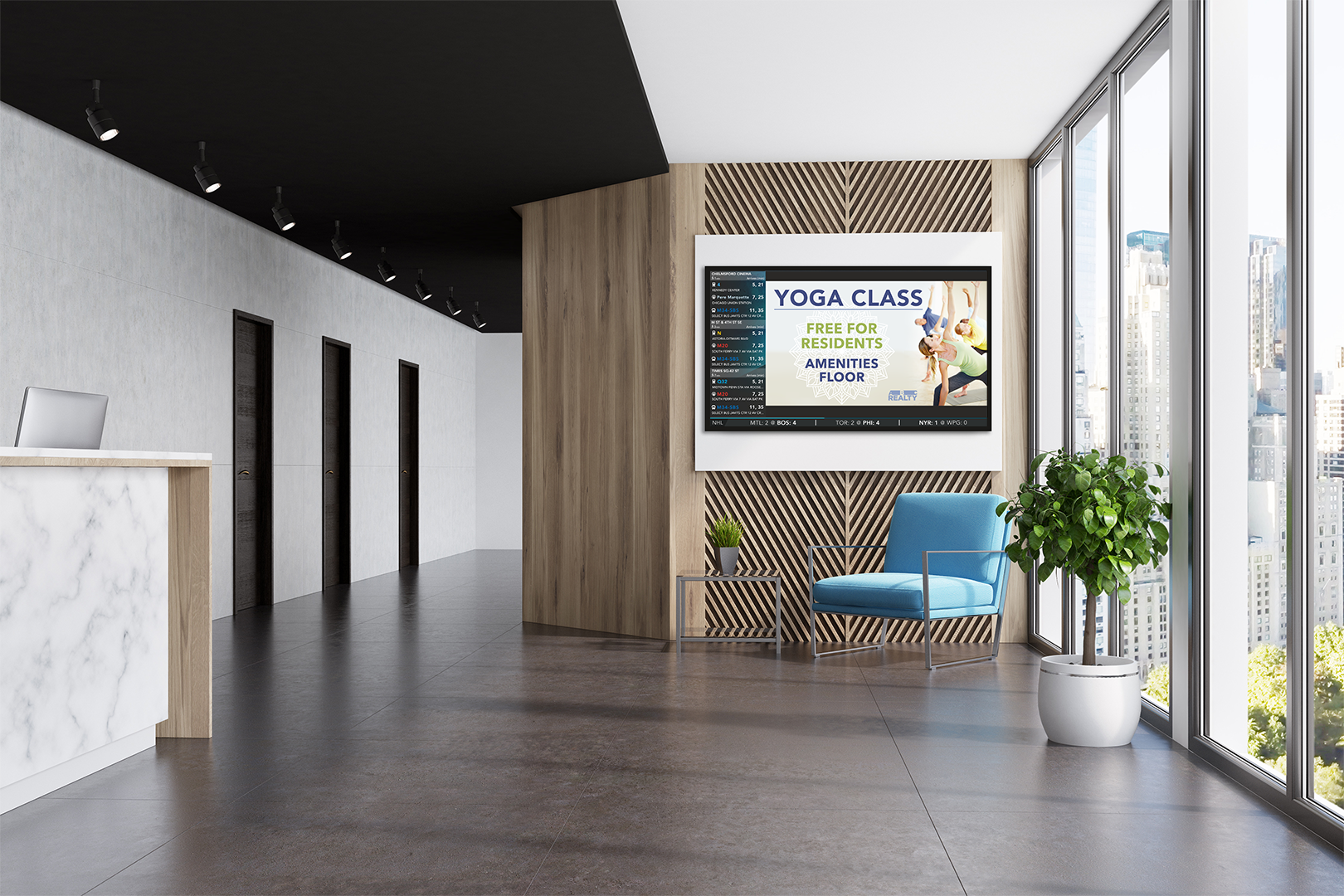 Modern lobby with digital screen advertising yoga class, blue chair, potted plant, large windows, and elevator doors.