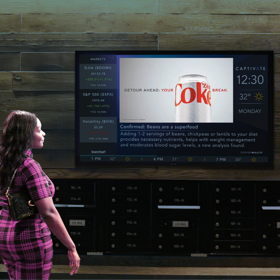 Woman observing TV displaying Diet Coke ad in a rustic room with wooden walls and dark cabinets