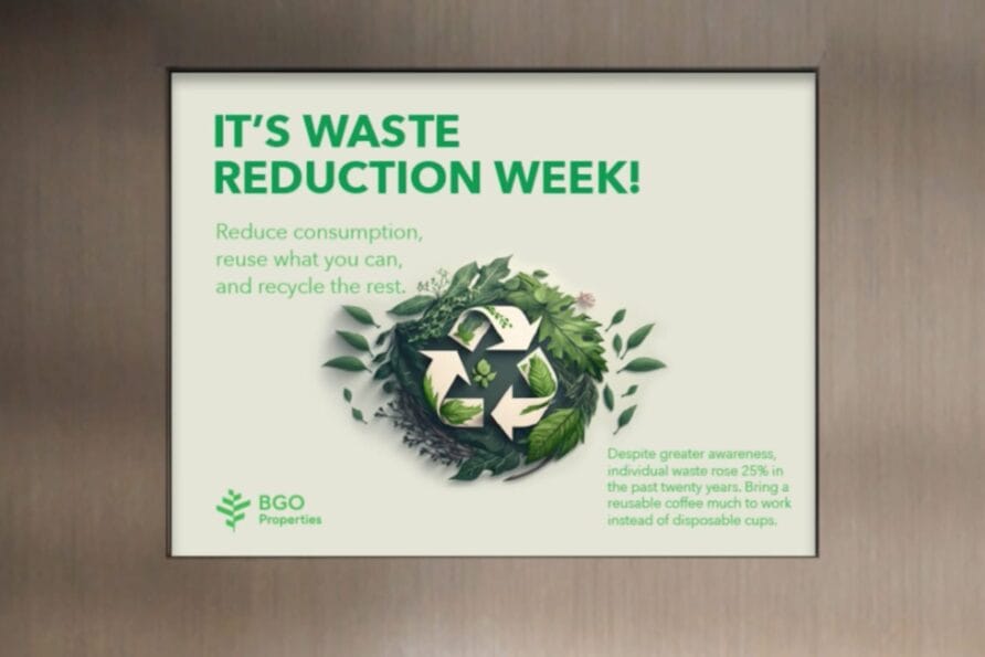Waste reduction week poster with recycling symbol, surrounded by green leaves and eco-friendly message.
