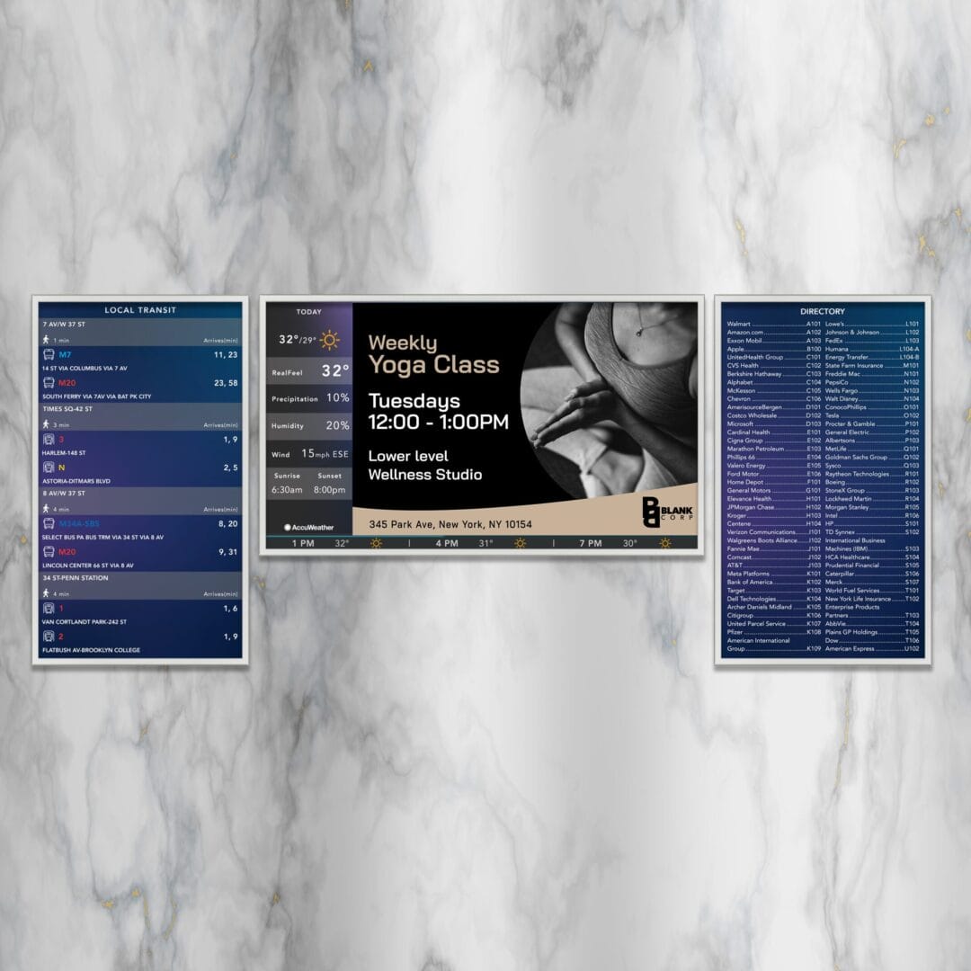 Three restaurant menus displayed on a marble wall, highlighting various dishes and specials in blue and black themes.