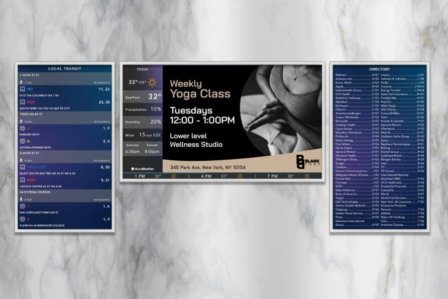 Three restaurant menus displayed on a marble wall, highlighting various dishes and specials in blue and black themes.