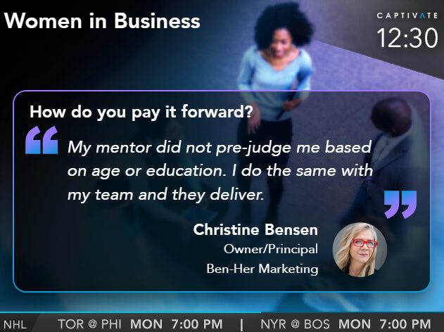 Close-up of a TV screen showing a quote about mentorship in business with a small photo and details of a speaker.