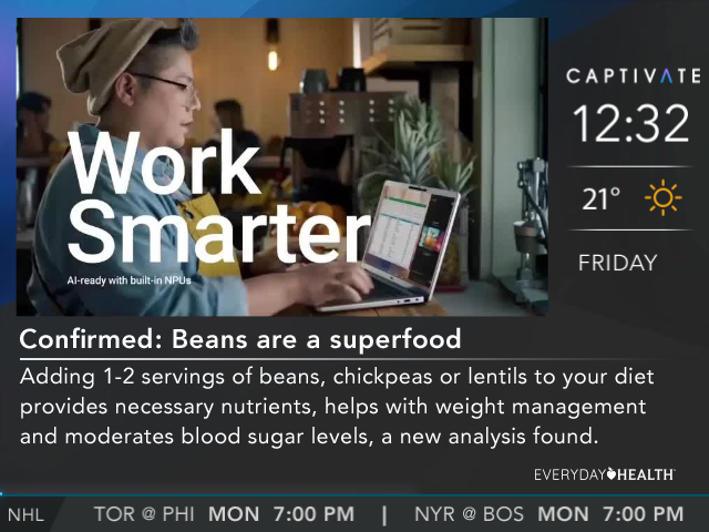 Person working on laptop with coffee cup, surrounded by nutrition facts and headlines about the benefits of beans as a superfood.