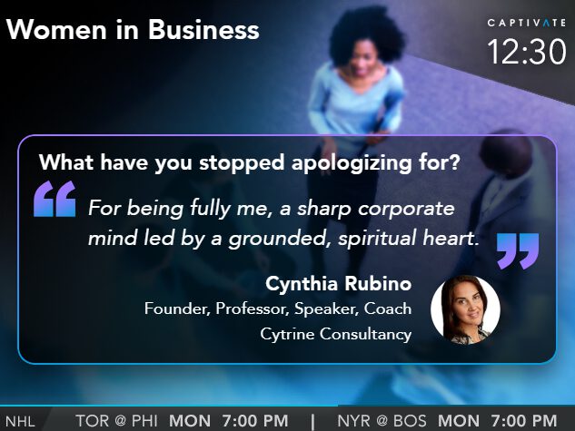 A woman seated at a desk with a quote overlay about embracing oneself, attributed to Cynthia Rubino, founder and coach.