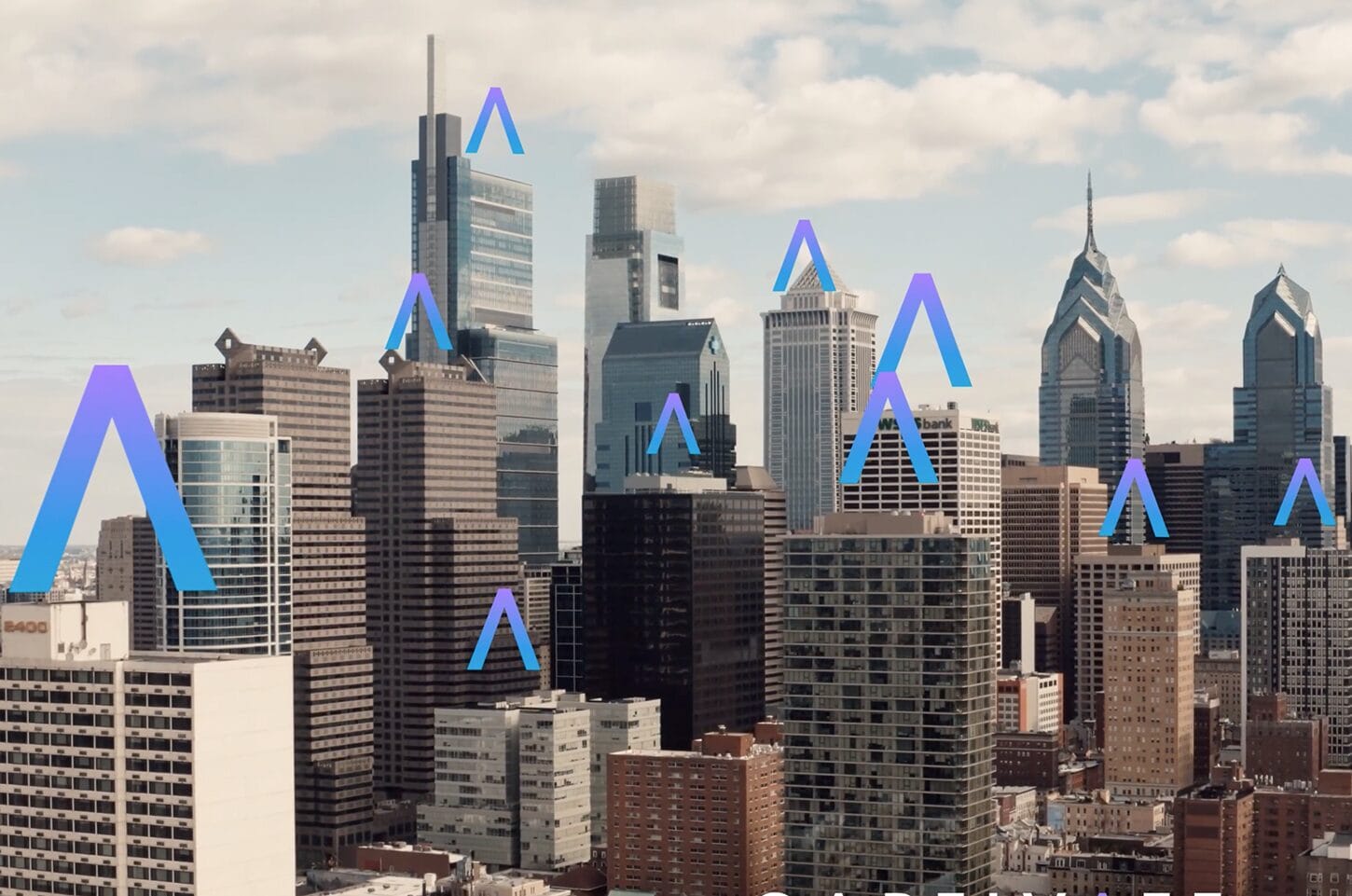 Philadelphia skyline with multiple high-rise buildings under a blue sky with arrows pointing upwards for growth symbolism.