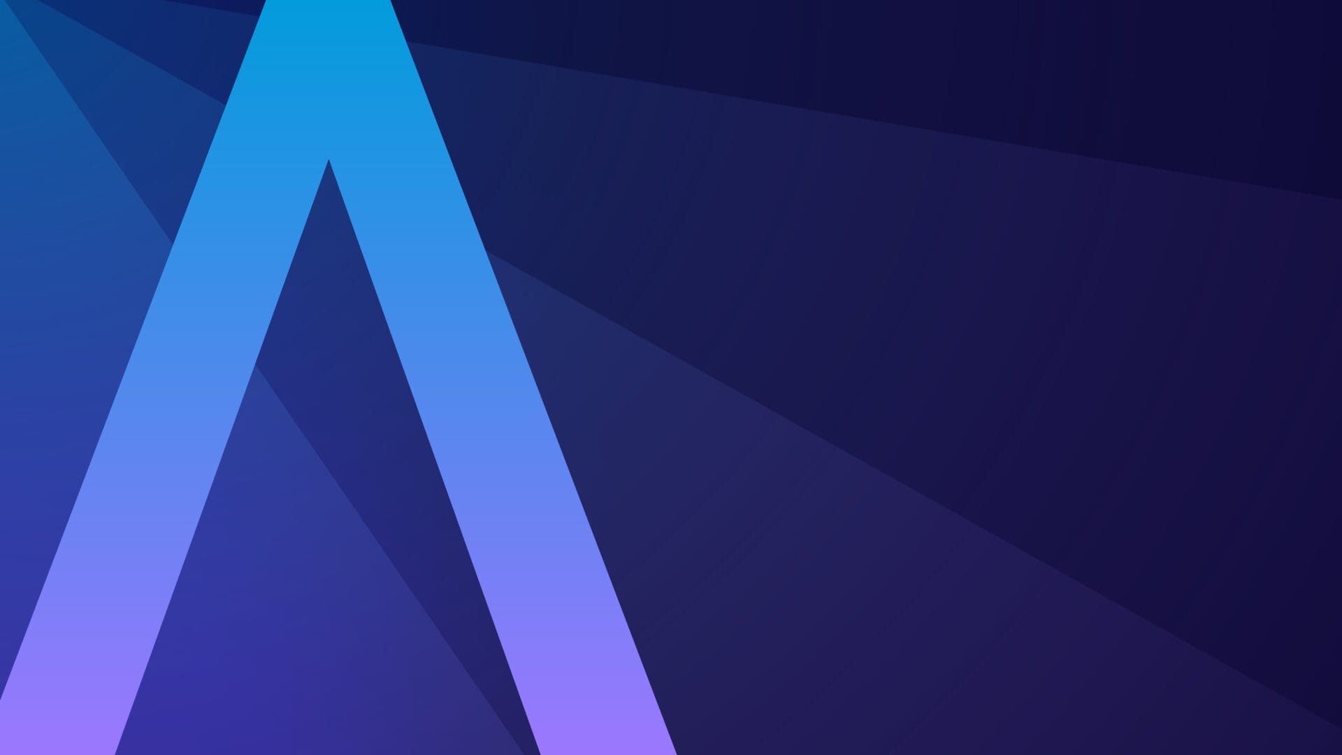 Abstract design with gradient blue and purple arrow pointing upwards against a dark background.