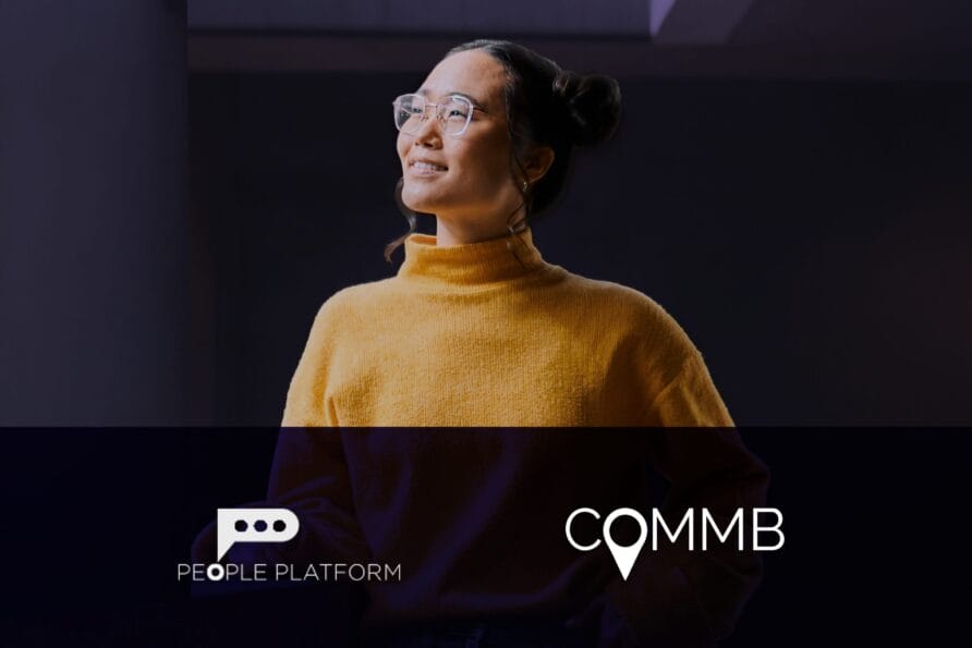 Person in a yellow sweater and glasses gazing upward, with logos for People Platform and COMMB at the bottom.