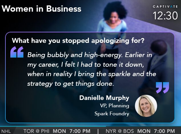 TV screen showing a quote about confidence in business, featuring Danielle Murphy's advice on balancing assertiveness and strategy.