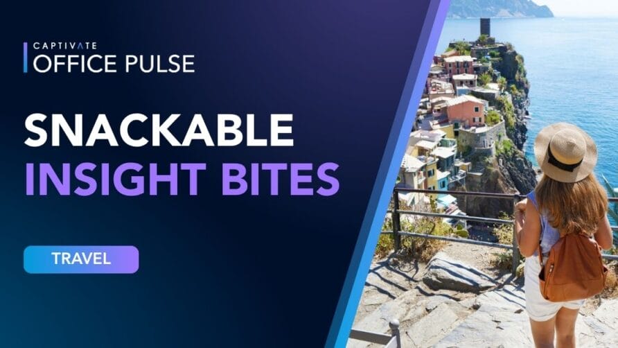 Office Pulse cover with "Snackable Insight Bites" text and traveler overlooking a coastal village.