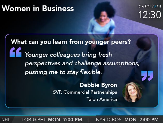 TV program excerpt about learning from younger colleagues, featuring a quote from Debbie Byron, SVP at Commercial Partnerships Talon America.