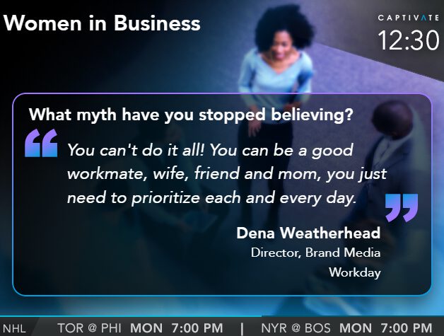 Image of a quote discussing work-life balance with a background of a woman standing in an office setting.