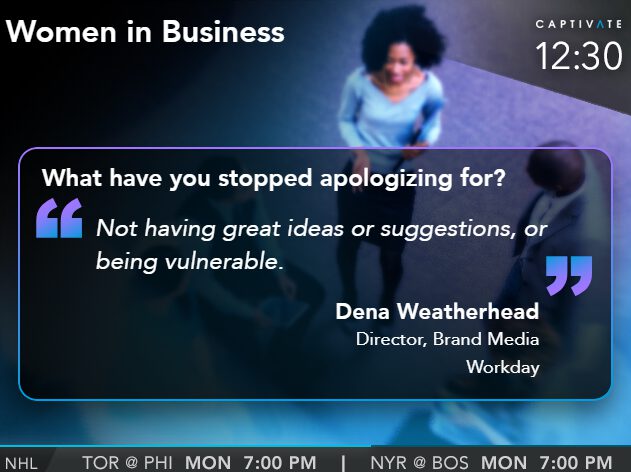 Event slide featuring a question about apologizing for vulnerability, with a person standing in the background.