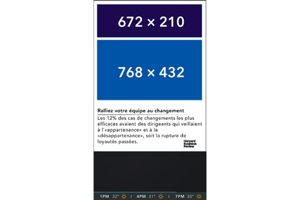 Graphic showing two rectangles with dimensions 672x210 and 768x432, along with text in French below.