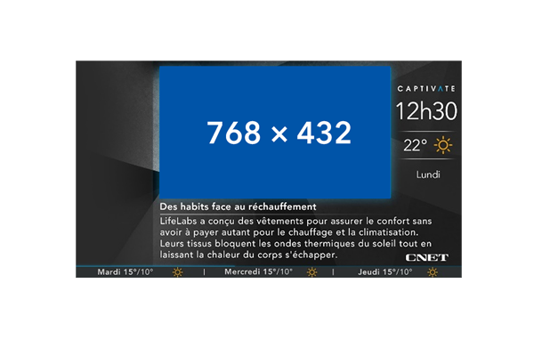 Weather forecast on television screen with French text about climate adaptation measures.